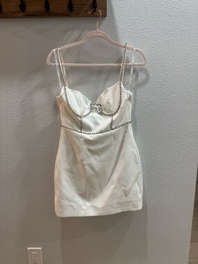 Self-Portrait White Mini Dress with Crystal Strap Accent and Crystal bow